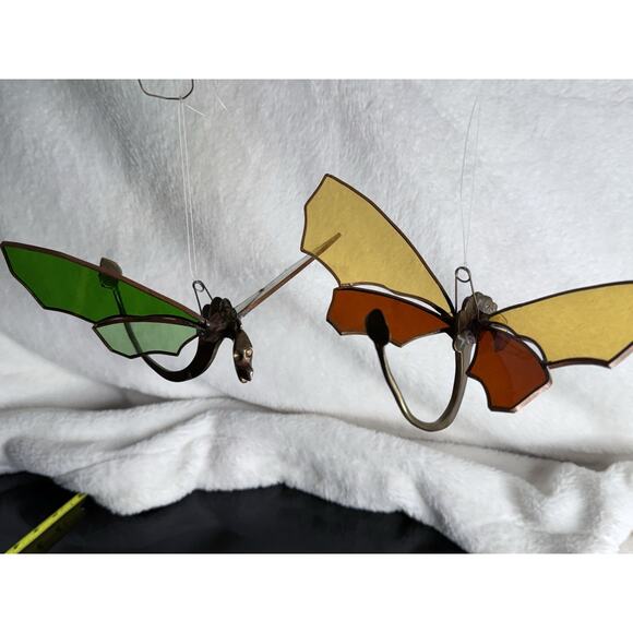Pair Solid Brass Dragon Fire Stained Colored Glass Red Green Sun catchers 8" - Picture 10 of 16